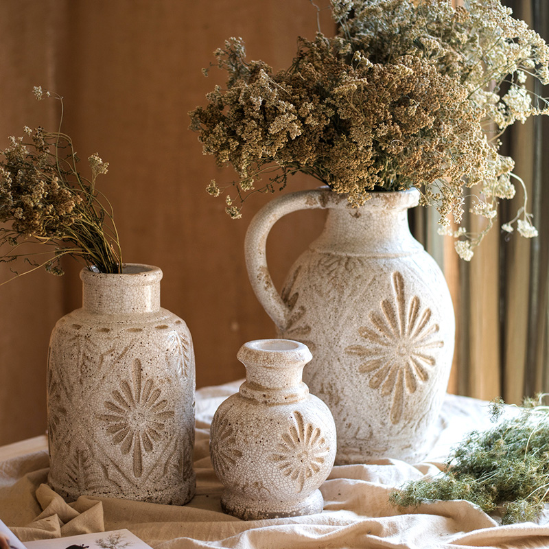 掬涵法式乡村雕花复古白瓷陶瓷花瓶花壶花器手工艺术装饰器皿摆件