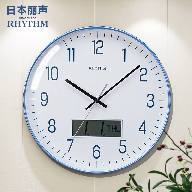 日本丽声挂钟 2022新款带日历客厅电视墙简约时钟表挂墙电池钟表