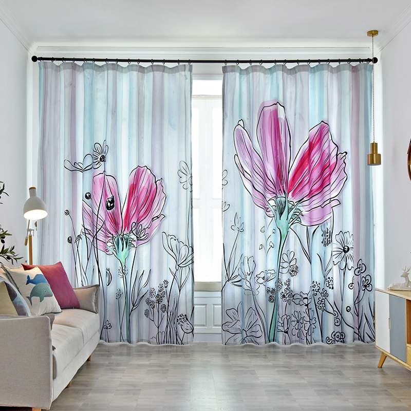 粉色花朵小清新印花窗帘定制成品2022年新款卧室客厅飘窗遮光面料