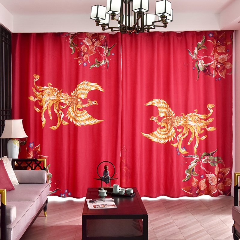 中式结婚房喜庆红色成品窗帘 2022年新款现代客厅卧室飘窗遮光布