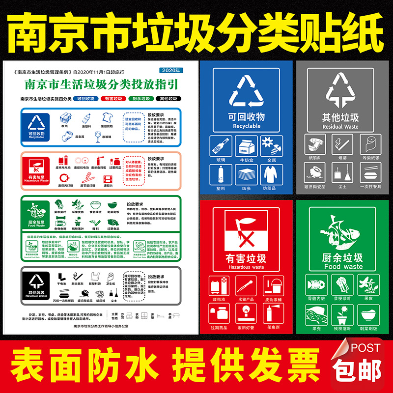 南京市生活垃圾分类投放指南有害垃圾厨余可回收物其他贴纸海报