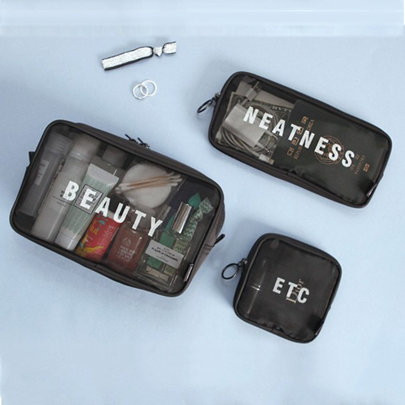 旅行化妆包小号便携收纳简约韩国透明网纱洗漱包黑色大容量手拿袋