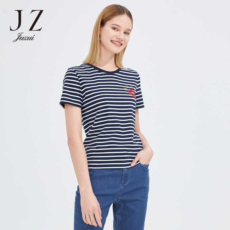 JZ玖姿夏季新款条纹棉质绣花套头圆领短袖T恤女休闲洋气上衣