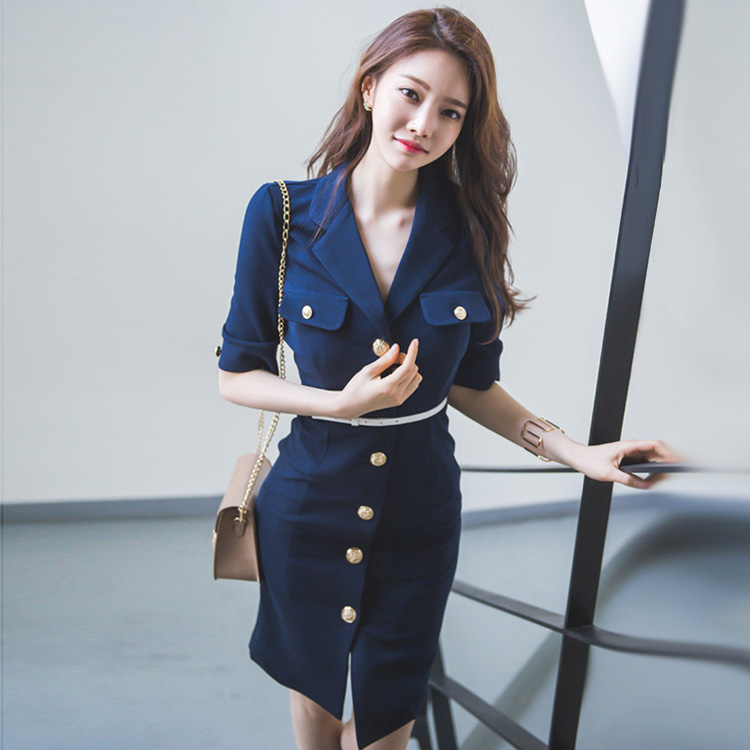 夏装2021新款韩版时尚修身单排扣职业装中长款包臀气质短袖连衣裙