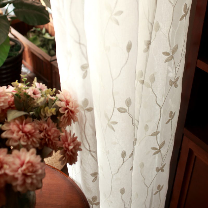定制窗纱北欧植物客厅纱帘白色刺绣田园卧室阳台落地窗成品窗帘