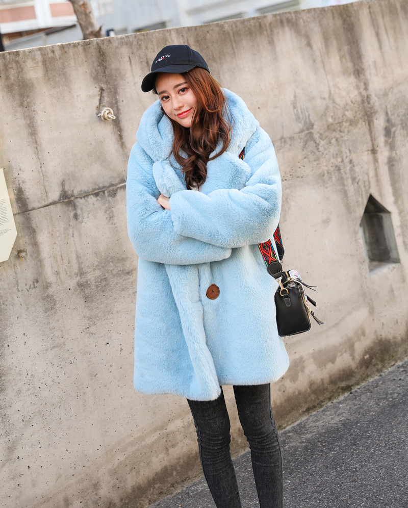 冬季韩版女款连帽加厚保暖仿皮草外套兔毛休闲毛绒中长款西服大衣