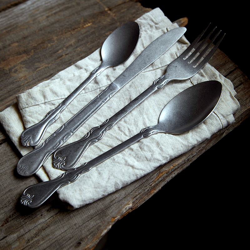 泽滕家复古做旧西餐刀叉不锈钢甜品勺餐勺哑光勺子美食摄影道具