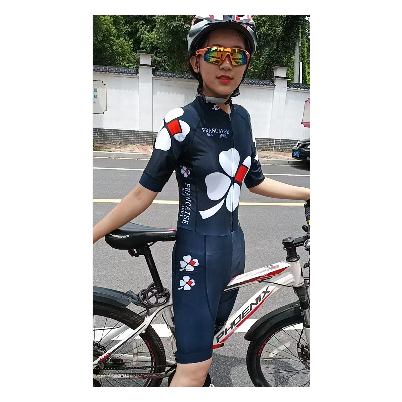 骑行服女四叶草铁人三项深蓝色短袖紧身衣白色公路车自行车服夏季