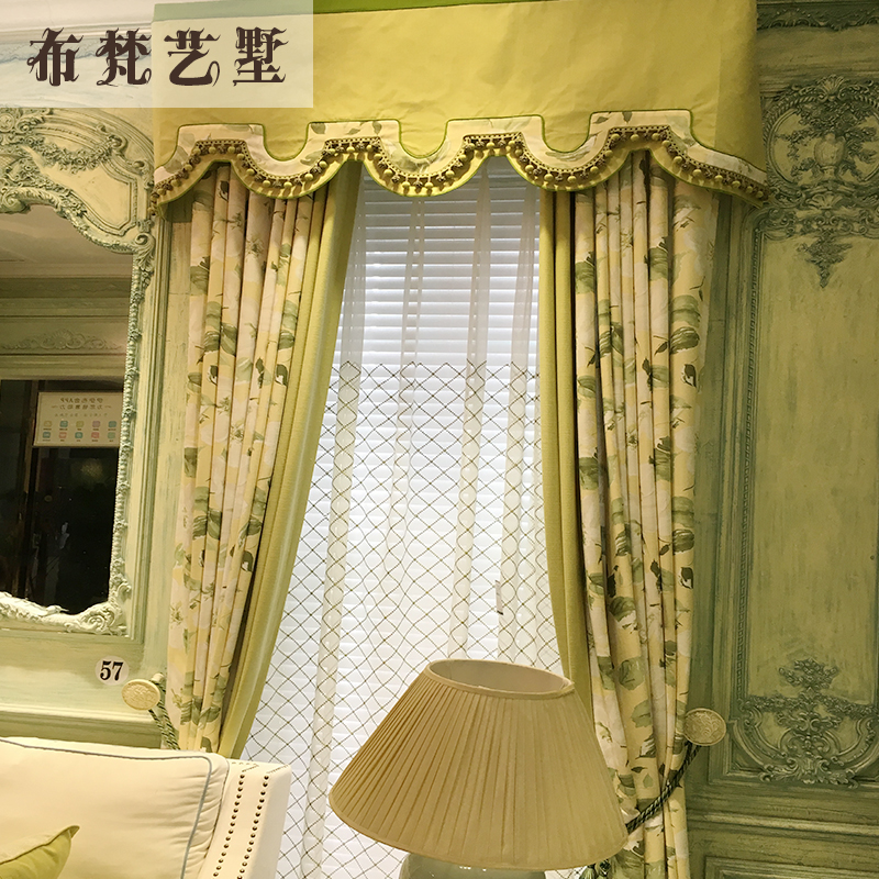 现代美式简约风格窗帘黄色拼接棉麻加厚客厅卧室落地飘窗遮光包邮