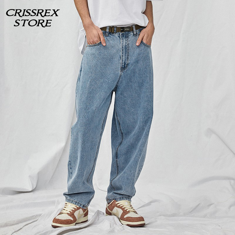 Crissrex Store RETROMIND 日系休闲情侣宽松直筒阔腿浅色牛仔裤