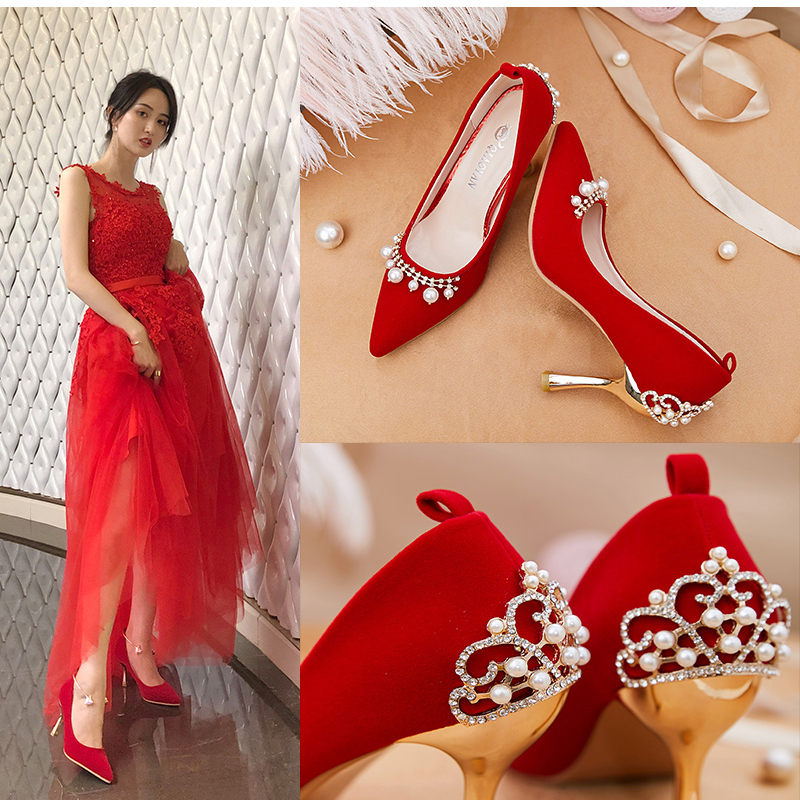 红色婚鞋女2020新款中式婚礼鞋秀禾鞋细跟一字扣婚纱结婚鞋新娘鞋