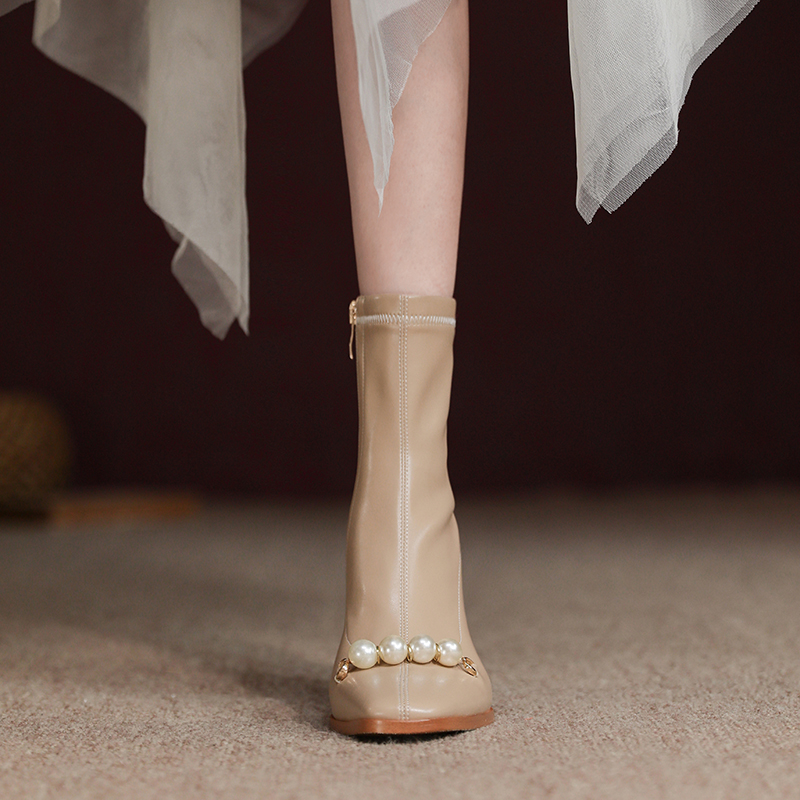 海鱼恋法式珍珠链子方头小短靴子女2021年秋单靴高跟时装靴瘦瘦靴