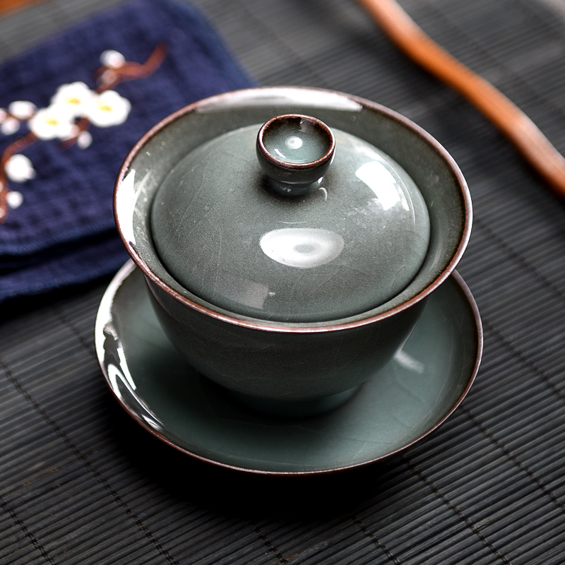 龙泉铁胎青瓷三才盖碗茶杯哥窑大号手工陶瓷家用功夫茶单个泡茶碗