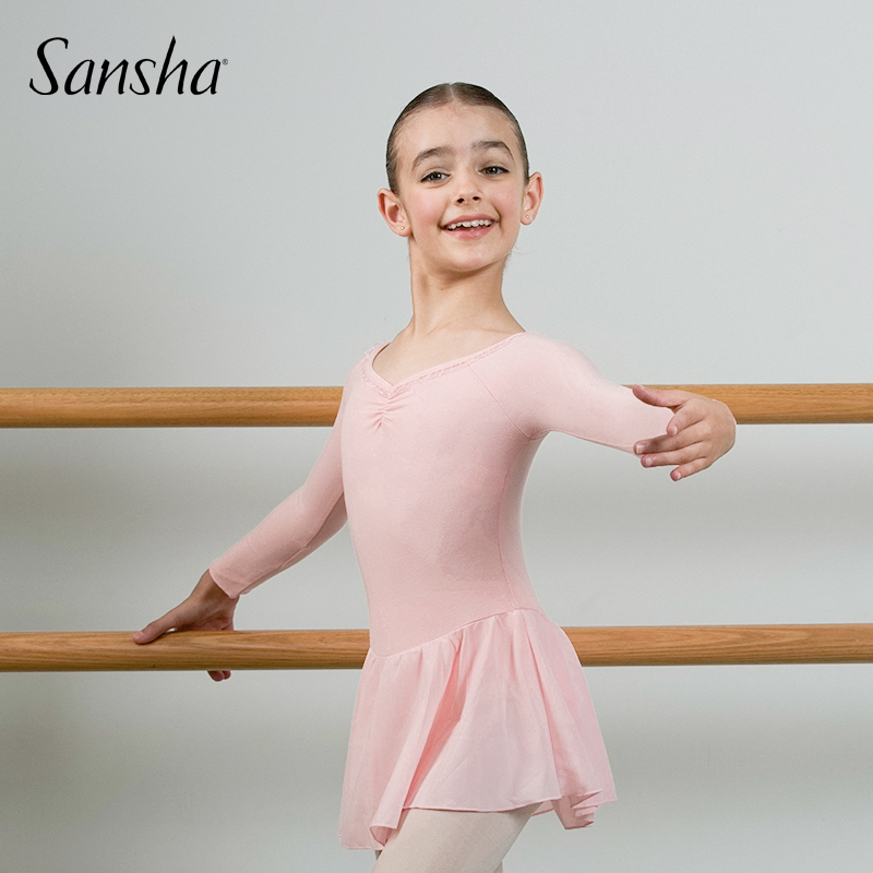 Sansha 法国三沙儿童长袖裙连体服雪纺V领蕾丝芭蕾舞服练功演出服