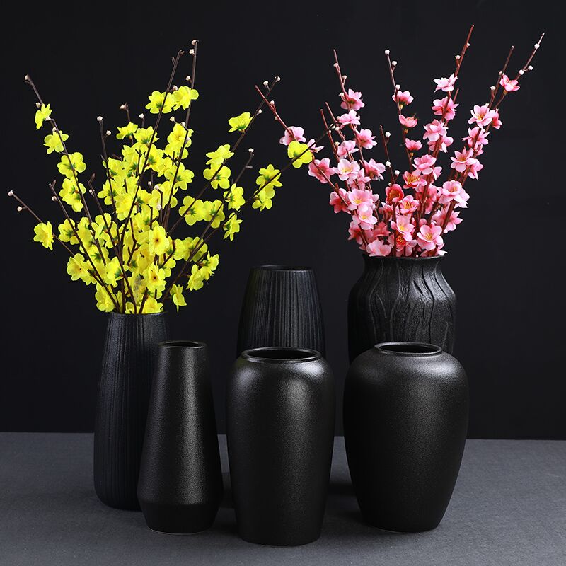 简约黑色陶瓷花瓶摆件玄关禅意复古风格干花插花花器粗陶陶罐花瓶