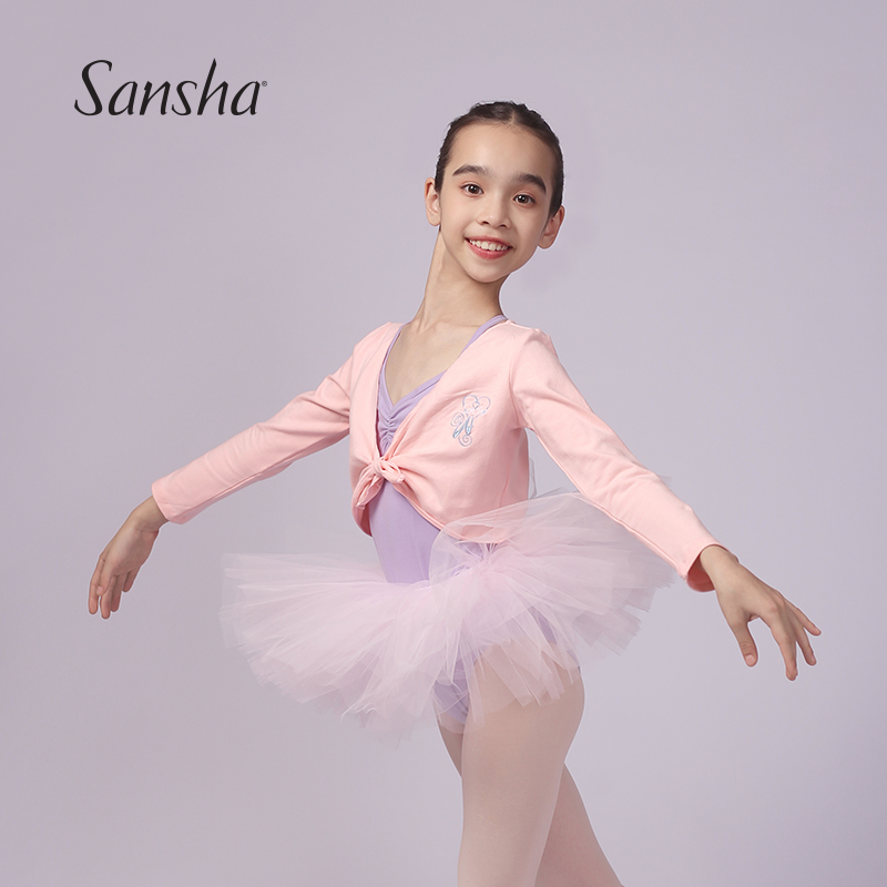 sansha法国三沙儿童芭蕾舞蹈服刺绣练功服长袖蝴蝶结保暖上衣外套