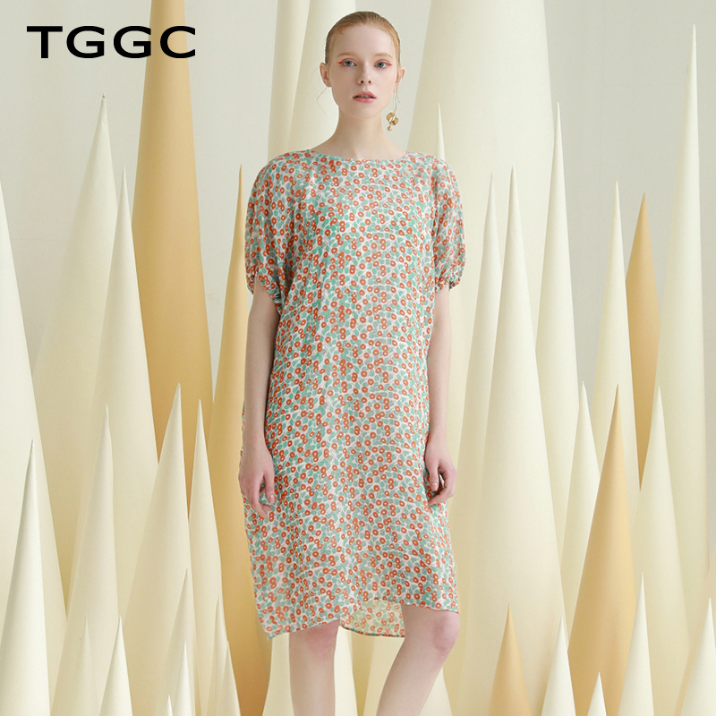 TGGC台绣棉麻连衣裙女中长款短袖直筒碎花正反两穿2021年夏季新款