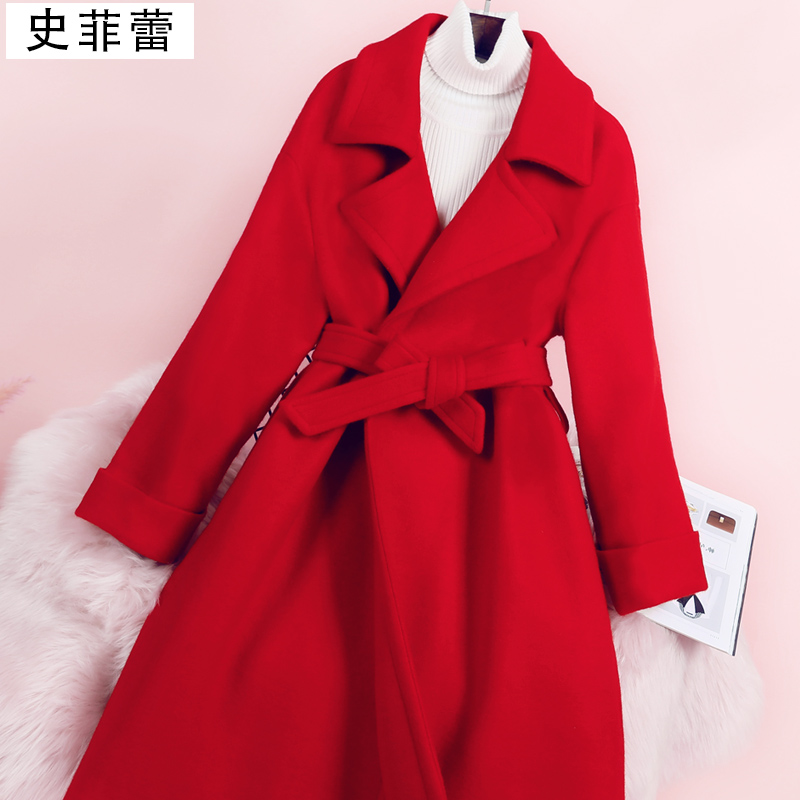 赫本风毛呢大衣女2021流行加厚大红色呢子冬季外套中长款结婚收腰