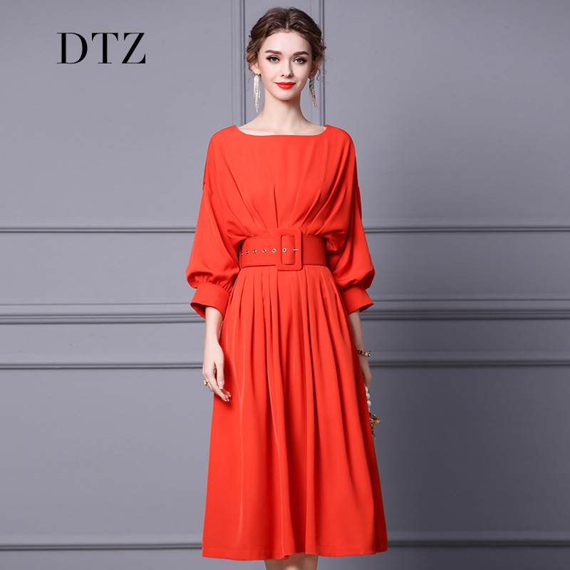 法式连衣裙2022新款春温柔气质橘色蝙蝠袖腰带收腰显瘦长款裙子女