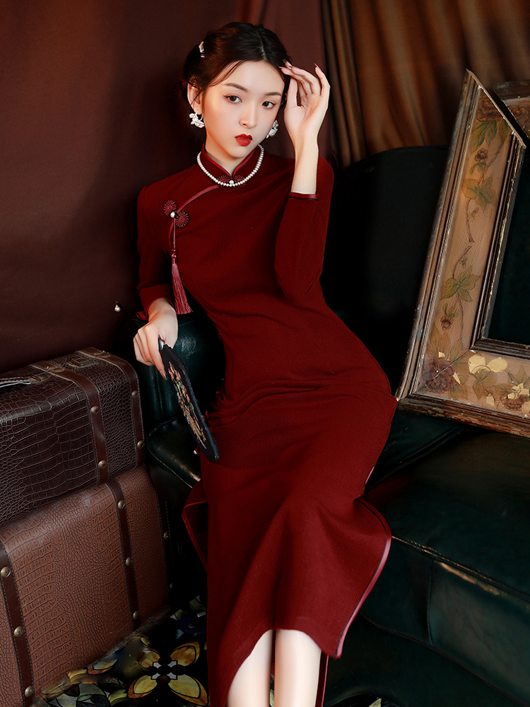 酒红色旗袍气质中长款显瘦复古老上海中国风新娘敬酒服连衣裙女秋