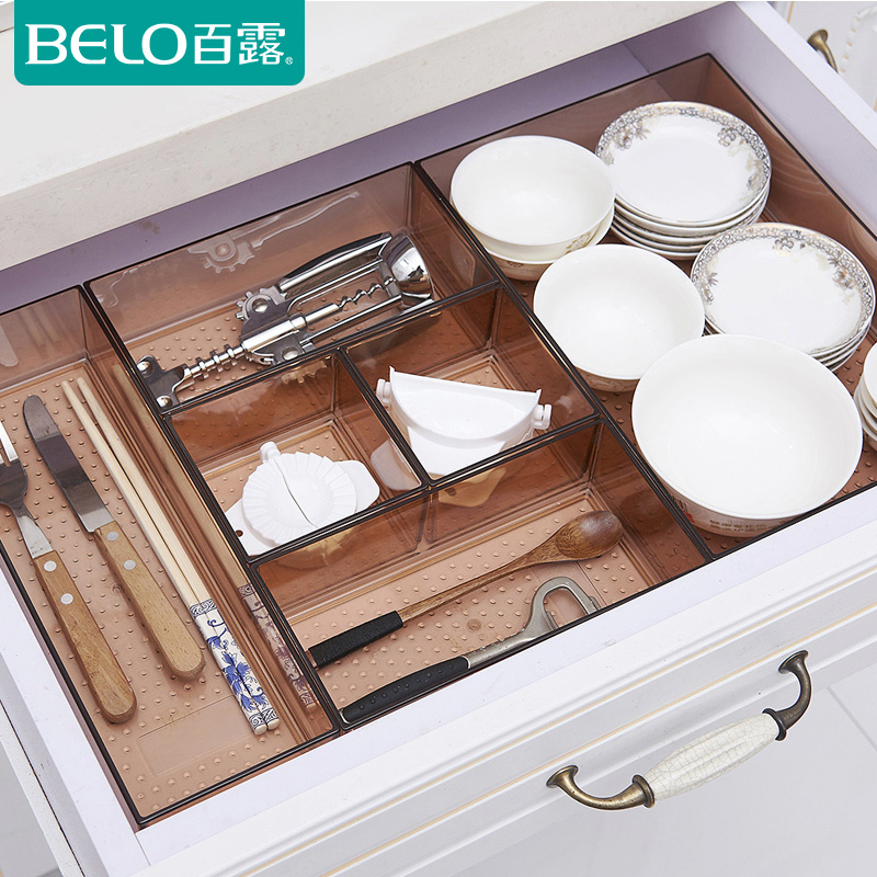 百露抽屉收纳盒隔板格厨房筷子分隔盒透明塑料分类餐具整理化妆柜