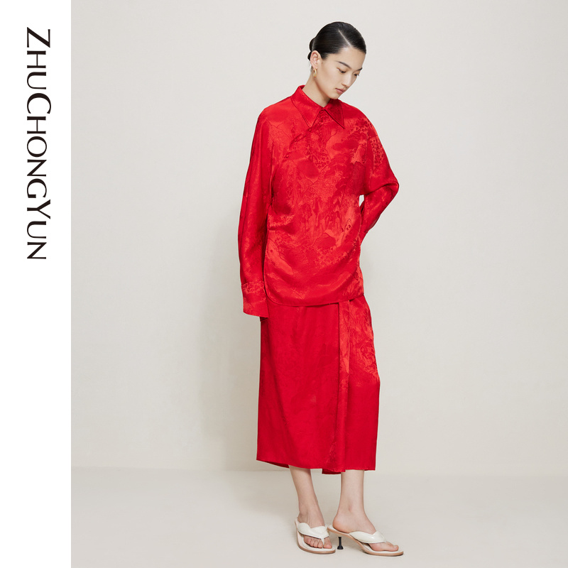 【新中式礼服】ZHUCHONGYUN2022秋季新款新中式衬衫桑蚕丝红上衣