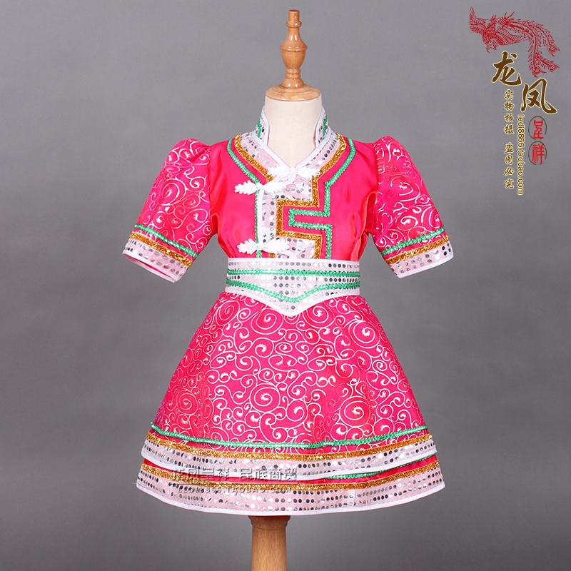 夏季女孩蒙古舞蹈演出服女童蒙古服装公主裙蒙古袍短袖日常生活装