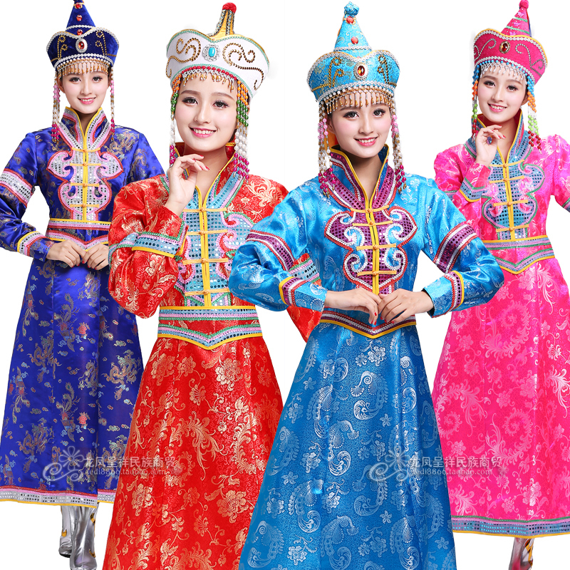 女士蒙古袍长款传统蒙古族舞蹈演出服蒙族婚礼新娘服饰女蒙古衣服