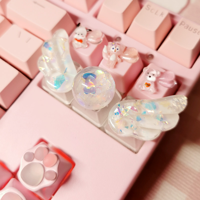 个性翅膀键帽方形机械键盘可爱透明美少女R4彩色水晶球蓝色粉色