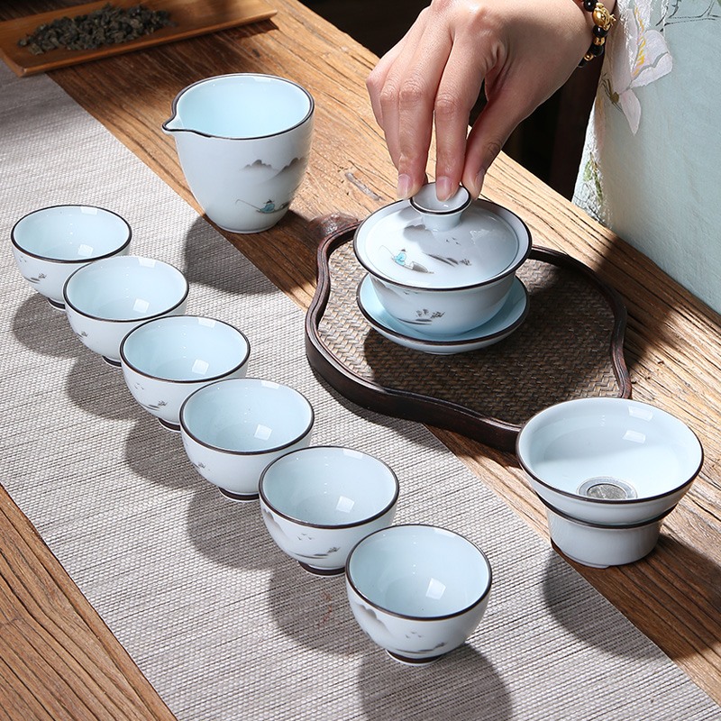 凌胜 功夫茶具套装家用青瓷简约茶杯陶瓷泡茶器盖碗套装喝茶礼品