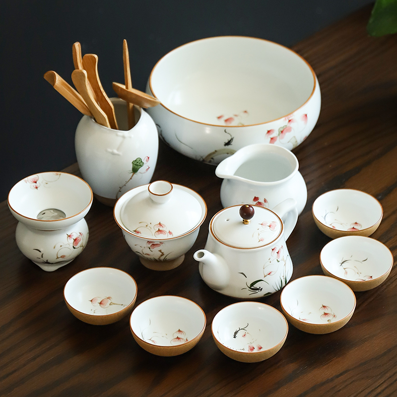 凌胜手绘陶瓷茶具套装家用整套小型功夫茶具陶泥茶壶茶杯茶盘办公