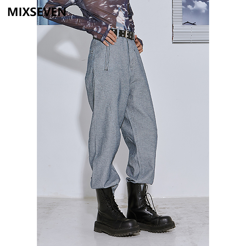 MIXSEVEN原创设计 浅灰色双耳仔老爹裤不规则剪裁拼接宽松牛仔裤