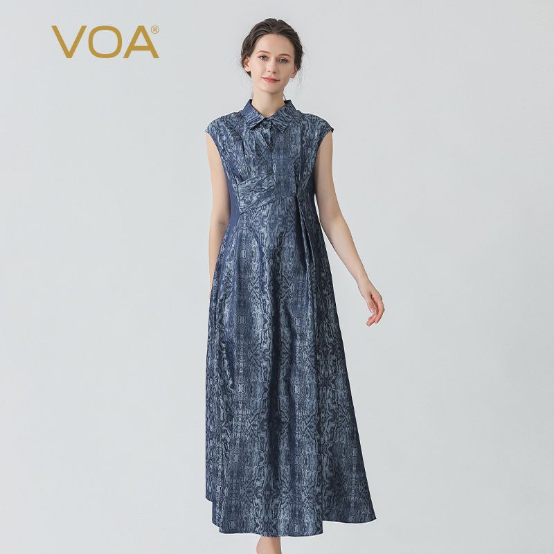 VOA色织提花桑蚕丝青云霓裳Polo领一粒扣立体装饰包袖真丝连衣裙