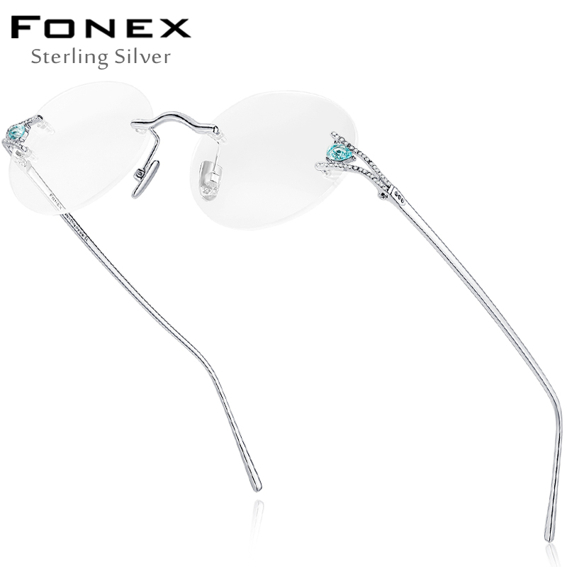 华镜FONEX超轻S925纯银近视无框眼镜女 圆形眼镜框架男新款可配镜