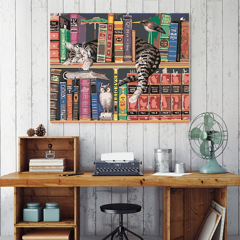 品都 书架上的小狗猫咪思考的猫diy数字油画手绘填色家居装饰挂画