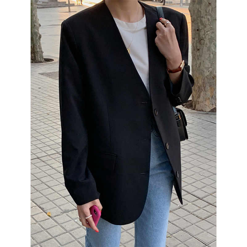 无领西装外套女春秋2021年新款韩版宽松英伦风设计感小众黑色秋装