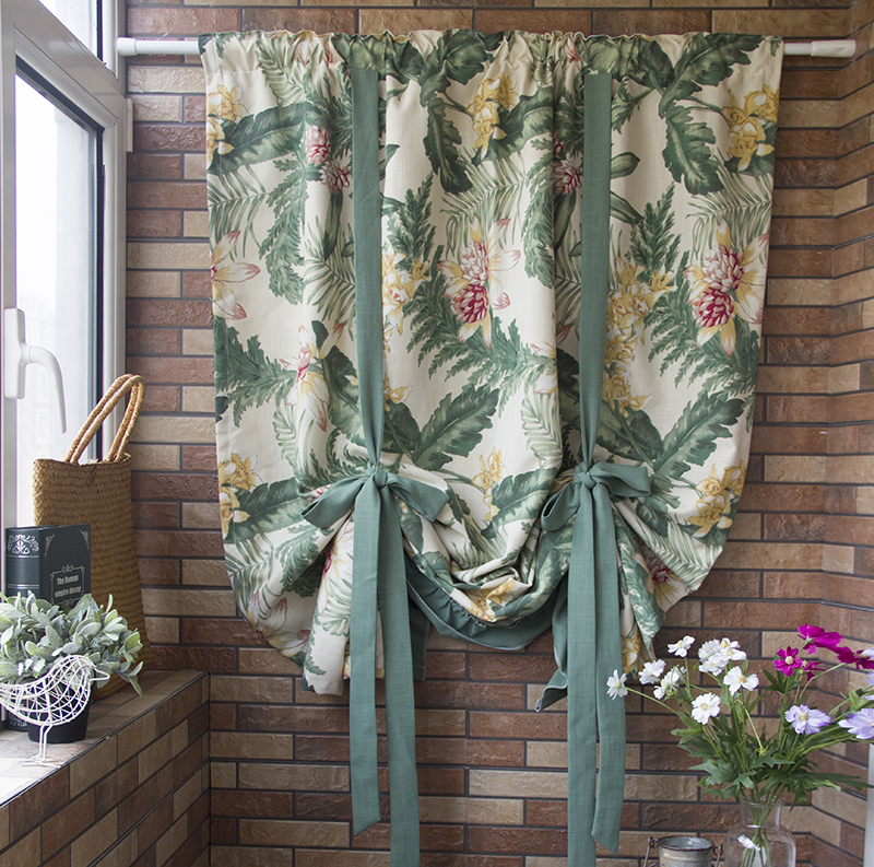美式罗兰手绘植物花卉复古提拉帘厨房卫生间系带穿杆成品混纺窗帘
