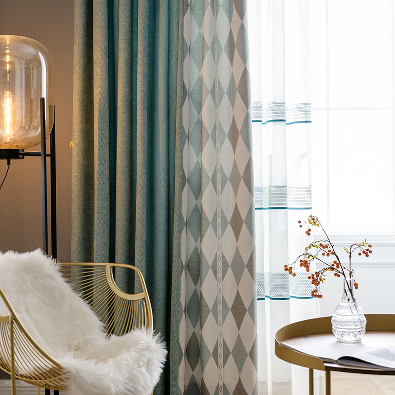 北欧简约雪尼尔加厚格子菱形拼接 棉麻植绒客厅窗帘卧室遮光纯色