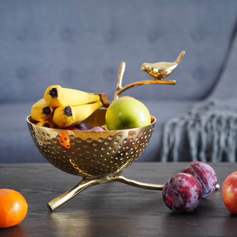 欧式美式手工铜制小鸟树枝创意收纳盘大果盘果篓 软装家饰品摆件