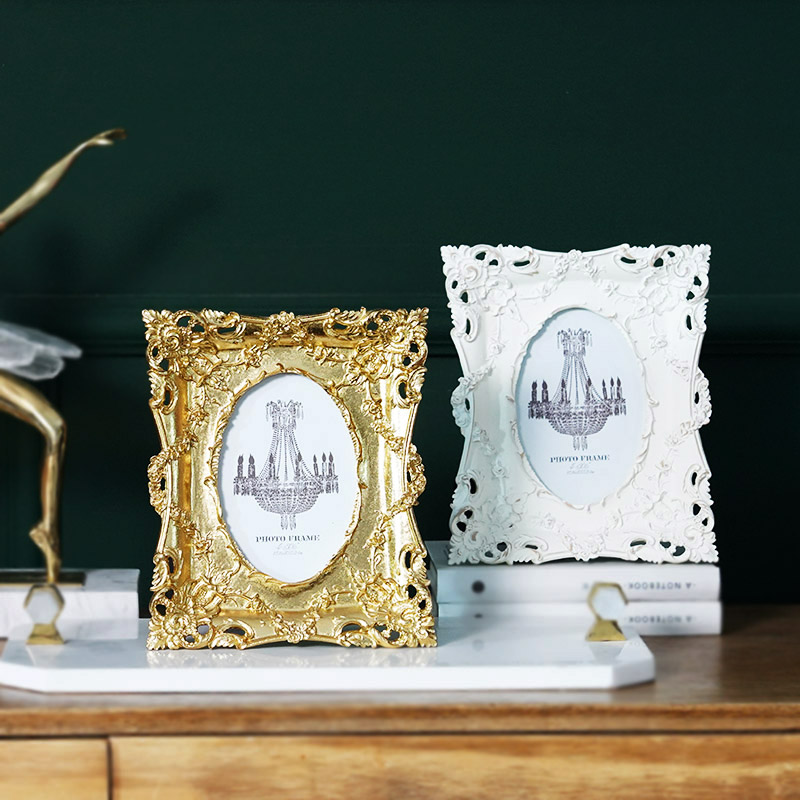 欧式古典奢华时尚金色复古白色浮雕相框 创意卧室样板间摆台摆件