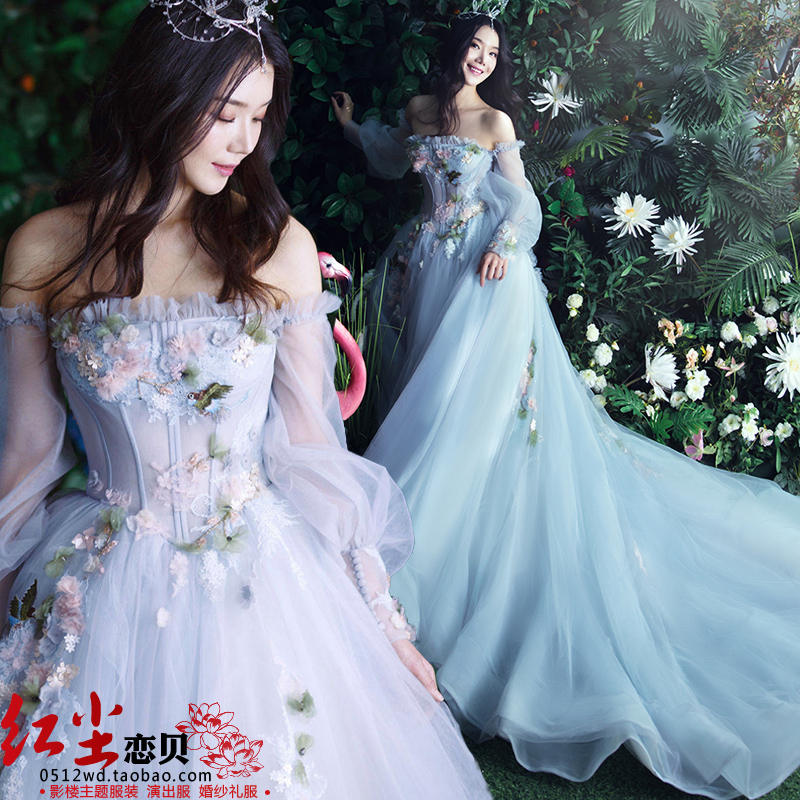 韩版外景森林系拍照一字肩彩纱礼服摄影写真婚纱影楼主题服装新款
