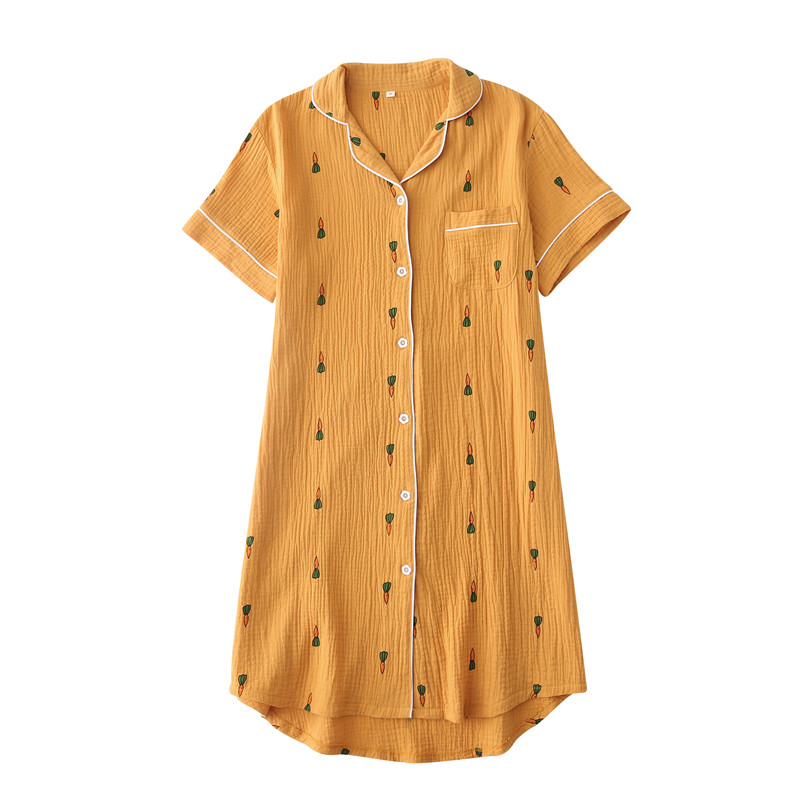 日系胡萝卜衬衫裙纯棉睡衣女夏季薄款全棉纱布夏天黄色短袖睡裙