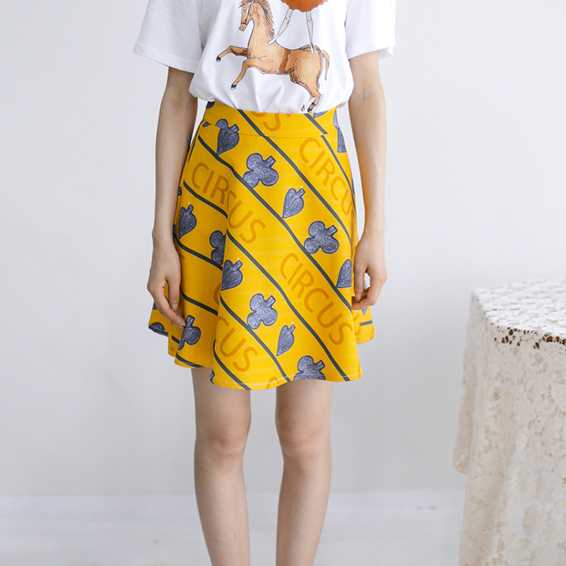 XUNRUO熏若原创设计师品牌高能撞色黄色扑克牌条纹印花 半身短裙