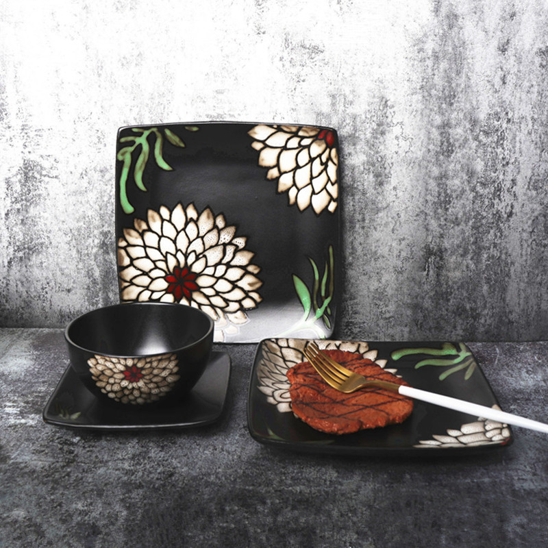 陶瓷餐具个性创意日式野菊手绘味碟米饭碗小汤碗沙拉深盘骨碟套装