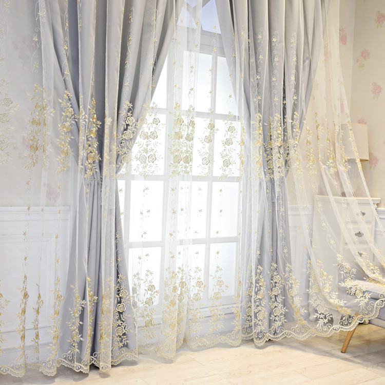 北欧简约玫瑰刺绣窗纱全遮光窗帘双层卧室客厅飘窗阳台定制成品