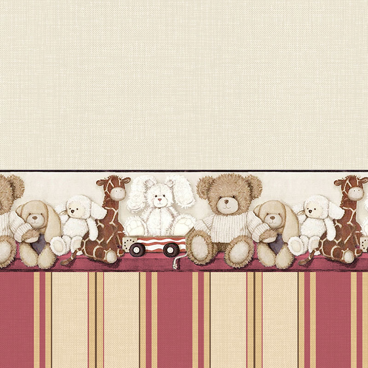 卡通泰迪熊长颈鹿兔子布娃娃腰线红色竖条纹纯色墙布儿童房间壁布