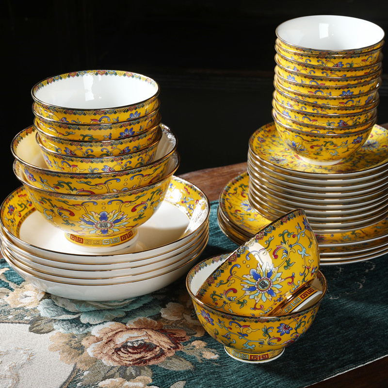 家用碗碟景德镇陶瓷碗宫廷风中式碗盘组合珐琅彩骨瓷碗酒店餐具