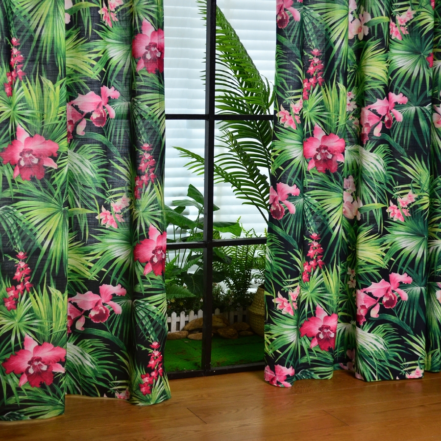 美式田园飘窗亚马逊雨林叶子绿色植物花卉十字麻纹布料窗帘免打孔