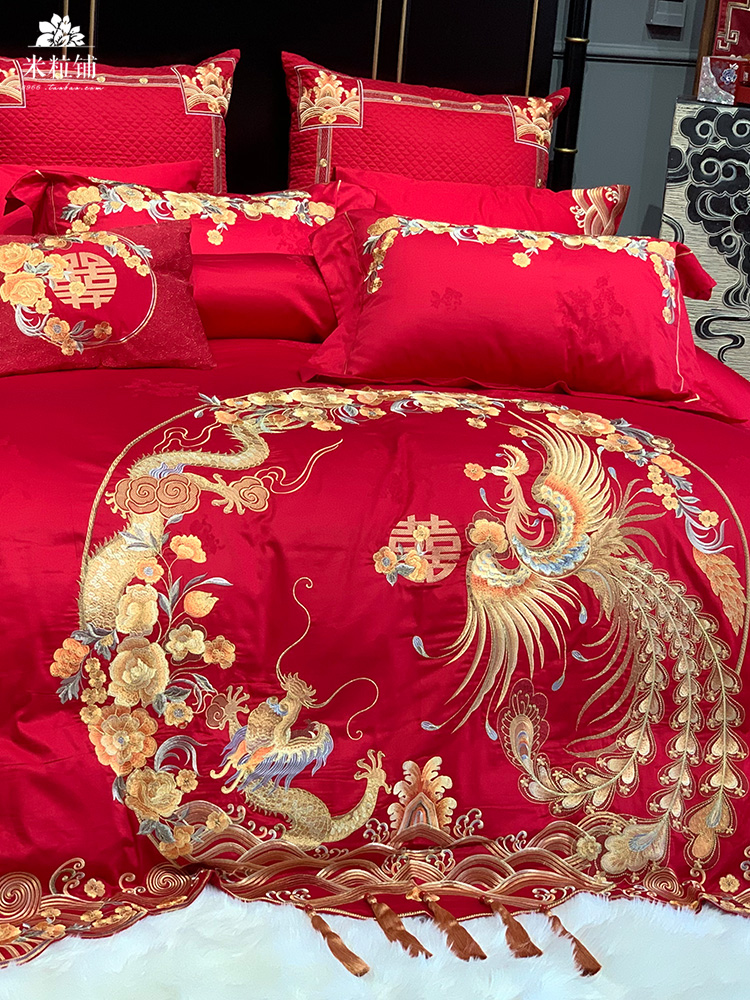 高端刺绣婚庆四件套 100支全棉大红色床单被套新婚房床上用品纯棉