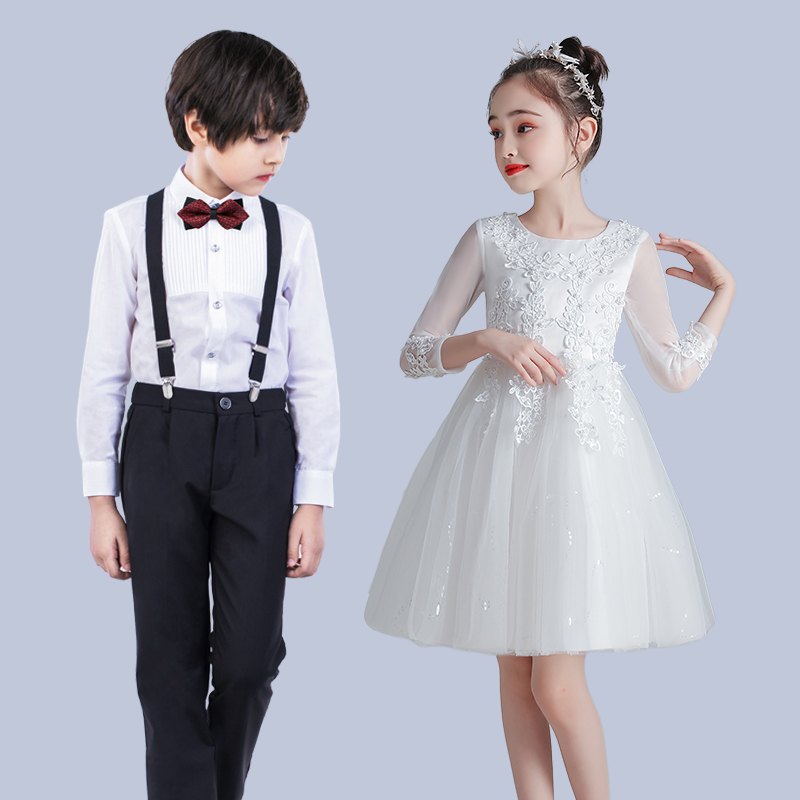 花童礼服男女小女孩婚纱公主裙儿童婚礼白色钢琴表演男孩背带套装